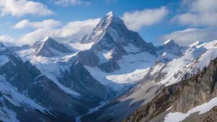 Naklejka premium Majestic Snow-Capped Mountain Range Under Clear Blue Sky Ideal for Hiking Adventure and Scenic Exploration