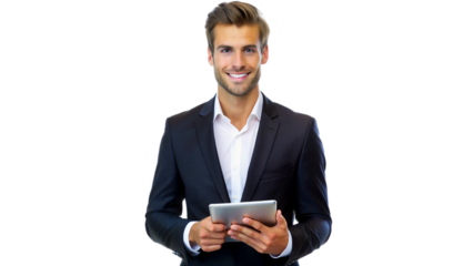 Portrait of a confident young businessman wearing black blazer and holding a tablet with both hands isolated on white background. Suitable for marketing or business purposes. PNG file