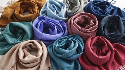 Colorful Assortment of Soft Fashion Scarves Displayed in Spiral Arrangement on Table