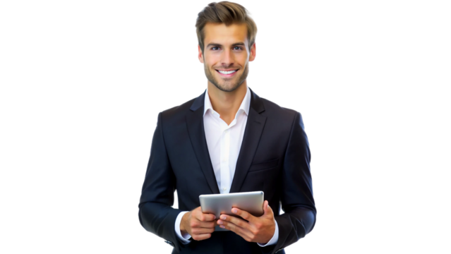  Portrait of a confident young businessman wearing black blazer and holding a tablet with both hands isolated on white background. Suitable for marketing or business purposes. PNG file