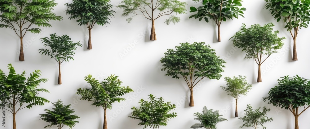 Poster collection of isolated rubber trees on white background for architectural design and decoration with
