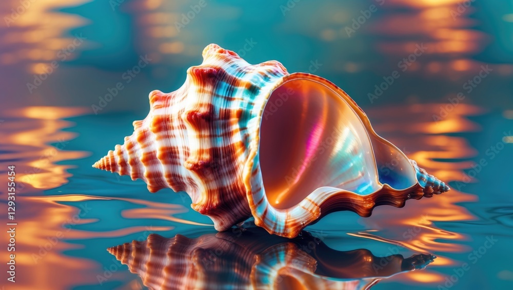Poster vibrant sea shell with stunning reflection in calm water and empty space for text or branding