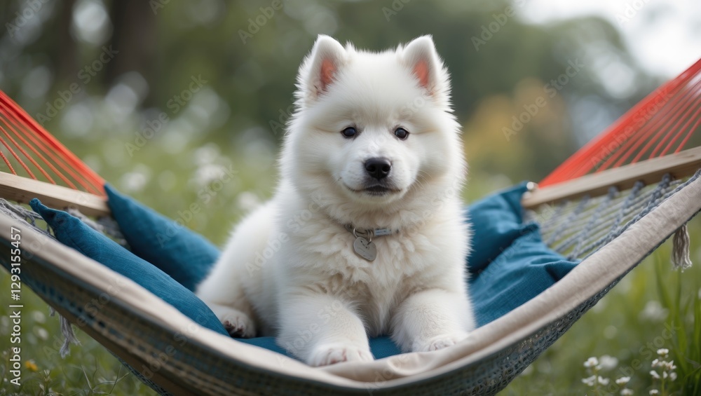 Aufkleber adorable samoyed puppy relaxing in a hammock surrounded by nature with ample empty space for adding 