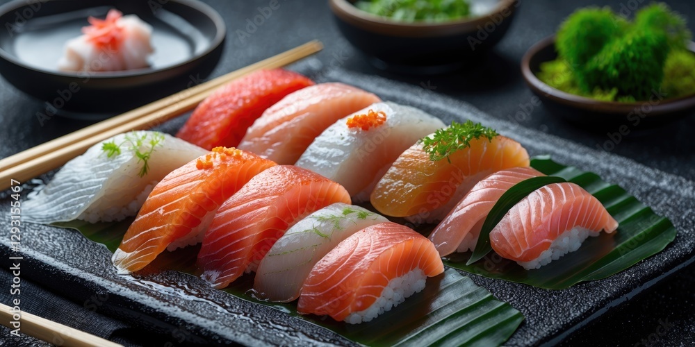 Poster fresh sashimi platter featuring assorted raw fish with copy space for text in a traditional japanese