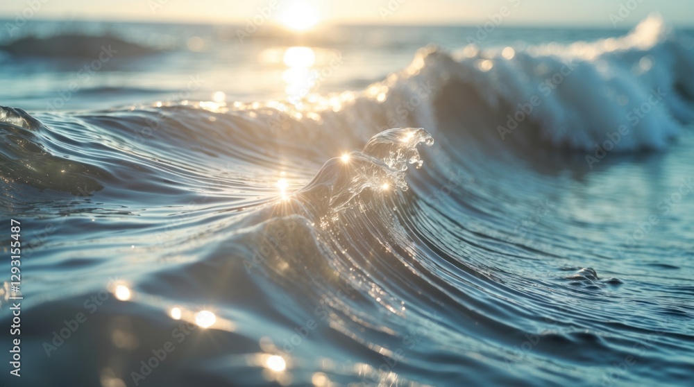 Poster serene ocean waves gently lapping at the shore illuminated by soft sunlight creating an abstract tex
