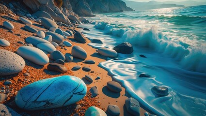 Serene sandy beach with colorful sea stones and gentle waves at sunrise in Greece showcasing coastal beauty and tranquility.