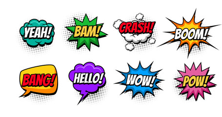 Emotions for comics speech bubble, set with text
