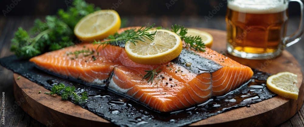 Poster fresh salmon fillet on slate with lemon garnish and beer mug in background empty space for culinary 
