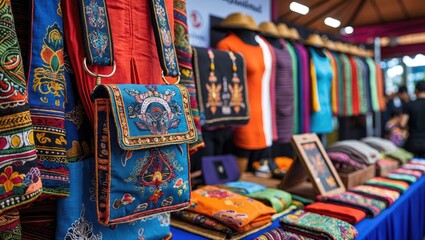 Colorful mobile phone bags made from traditional loincloths displayed at Thailand Tourism Festival in Lumpini Park showcasing local craftsmanship.