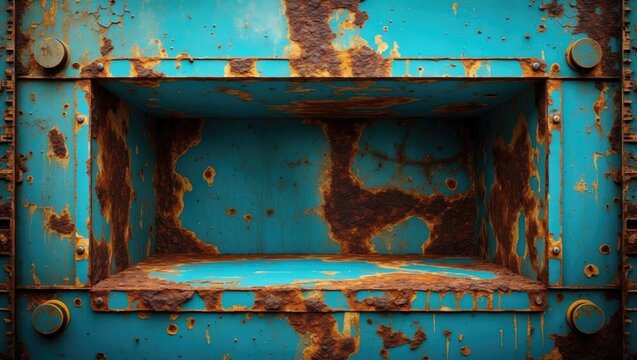 Rusty blue metal surface with worn areas ideal for text overlay showcasing neglect and damage from long-term exposure and lack of maintenance.