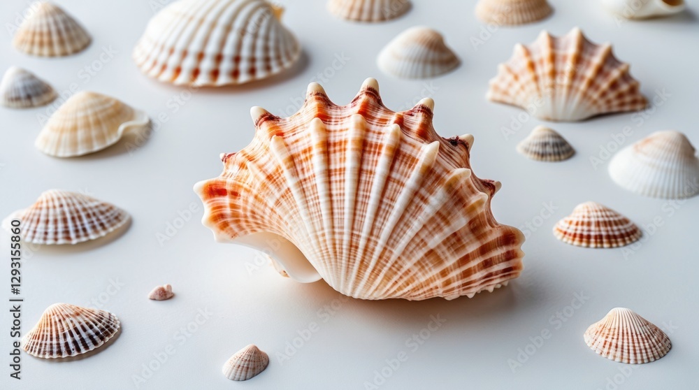 Poster seashells of various shapes and sizes arranged artistically on a clean white background showcasing n
