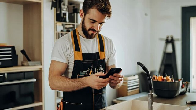 Handyman Fixing Sink in Modern Apartment with Toolbox and App