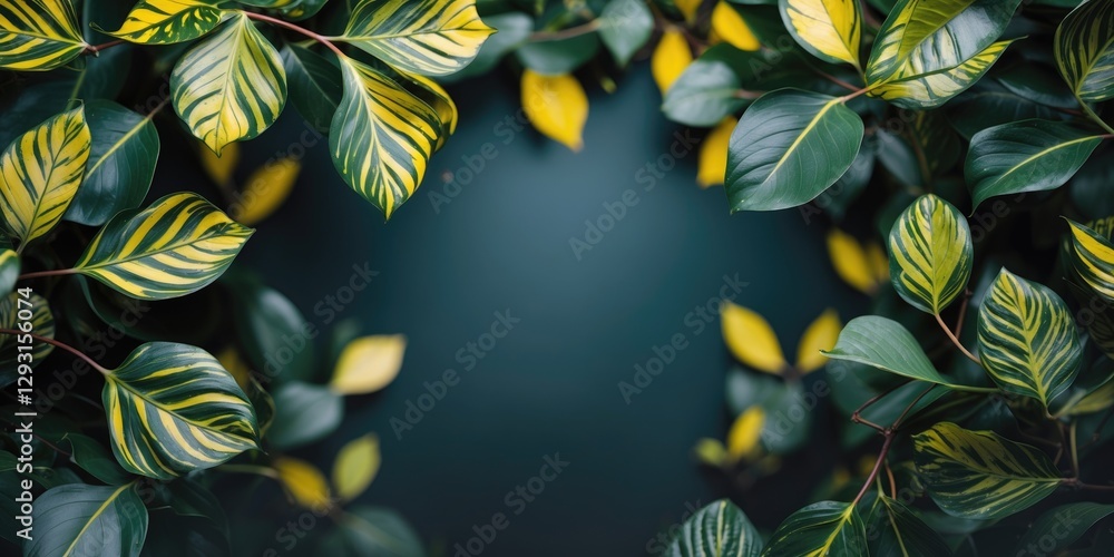 Poster vibrant schefflera leaves with yellow variegation and blurred dark space for text background ideal f