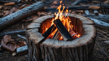 Burning Fire Inside Round Wood Log With Hollow Middle Surrounded By Nature With Space For Text Or Caption