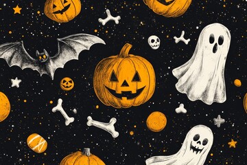 Spooky Halloween pattern featuring pumpkins, ghosts, bats, and skeletons on a dark background