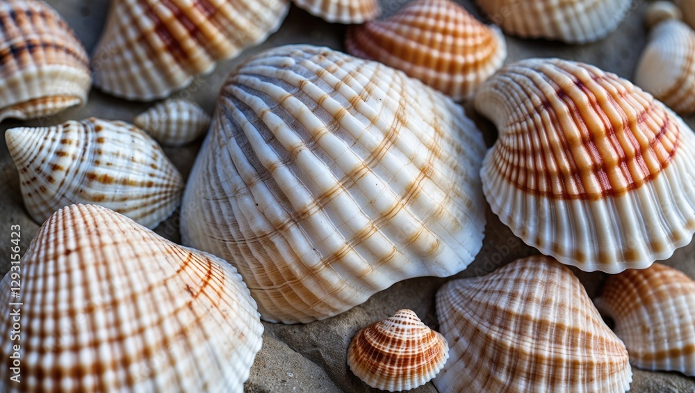 Poster close up of various sea shells showcasing intricate patterns and textures on sandy background for ma