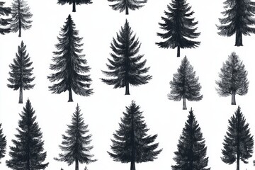Fototapeta premium Black and white illustration of various evergreen trees arranged in a symmetrical pattern on light background