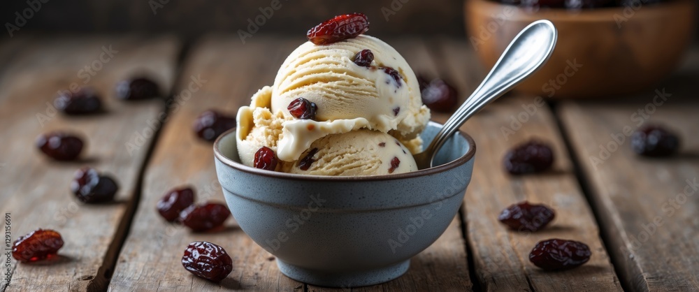 Poster homemade rum raisin ice cream scoop in bowl with spoon surrounded by raisins on rustic wooden table 