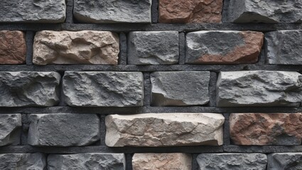 Obraz premium Textured stone brick wall pattern featuring rough surfaces in shades of gray and earthy tones. Ideal for backgrounds and architectural designs.