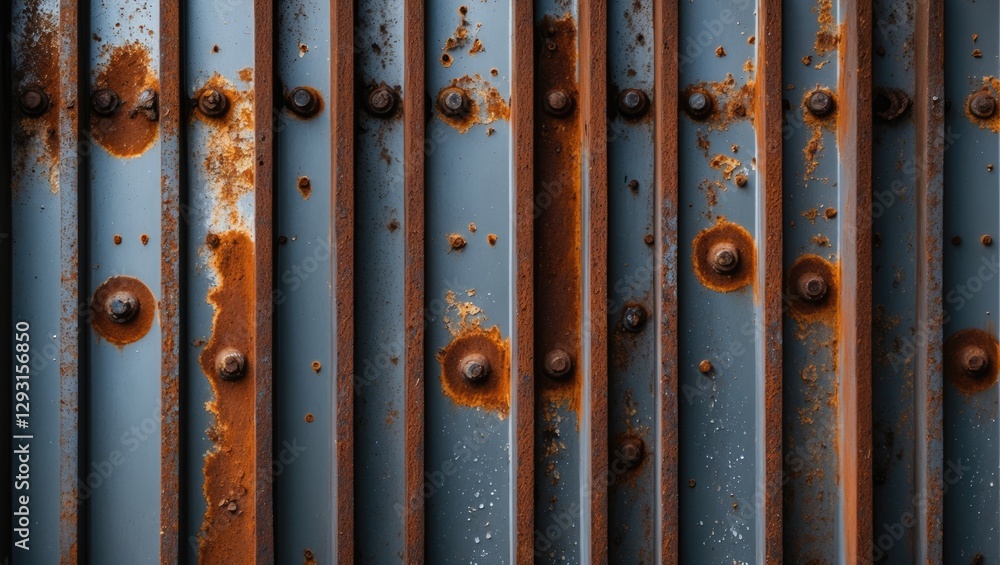 Poster abstract close-up of weathered rusty metal panels with textured blue paint and orange rust, creating