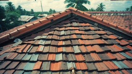 Naklejka premium Weathered roof tiles showcasing a mix of colors from natural aging and dirt in a tropical setting with palm trees in the background.