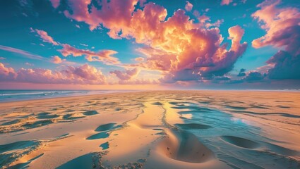 Vibrant beach sunset with colorful clouds reflecting on serene ocean waves and golden sand dunes creating a picturesque travel scene.