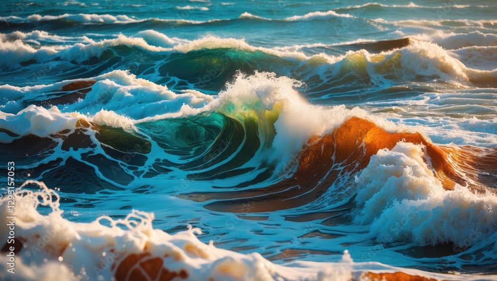 Poster dynamic ocean waves displaying vibrant colors and intricate patterns under golden sunlight. a captiv