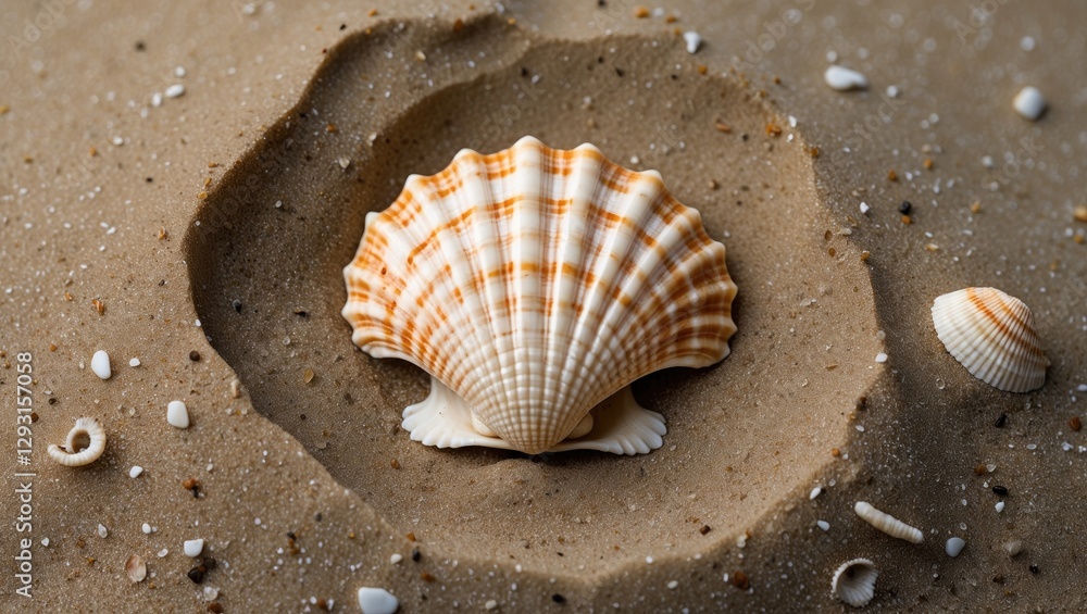 Poster seashell nestled in sand with surrounding tiny shells captured from above for coastal and nature the