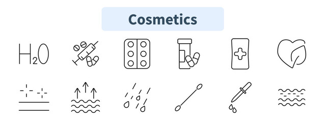 Fototapeta premium Cosmetics set icon. Water molecule, injection, pills, supplement bottle, medical file, natural skincare, hydration, skincare routine, dropper, cotton swab, serum, water texture.