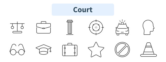 Court set icon. Justice scale, briefcase, column, target, police car, profile, glasses, graduation cap, suitcase, star, prohibition, cone.