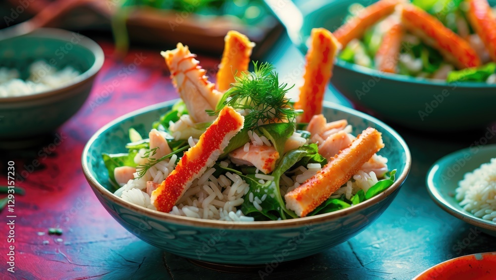 Poster colorful salad with crab sticks and rice in a decorative bowl on a table with soft focus background 