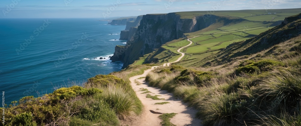 Poster scenic coastal path along rugged cliffs with breathtaking sea views and copy space for text in a ser