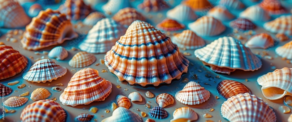 Poster colorful assortment of seashells arranged on a surface with gentle reflections and textures creating