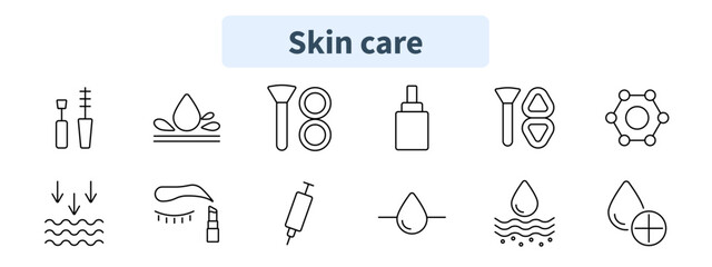 Skin care set icon. Nail polish, mascara, hydration, makeup brush, serum, beauty tools, skin structure, lips, injection, moisture, water drop, skincare.