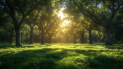Obraz premium Sunlit oak forest path, green grass, serene nature, idyllic background, nature wallpaper