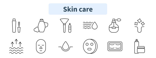 Skin care set icon. Lotion, mascara, skincare, makeup brush, hydration, perfume, facial treatment, skin glow, moisture, mask, cleansing, spray bottle.