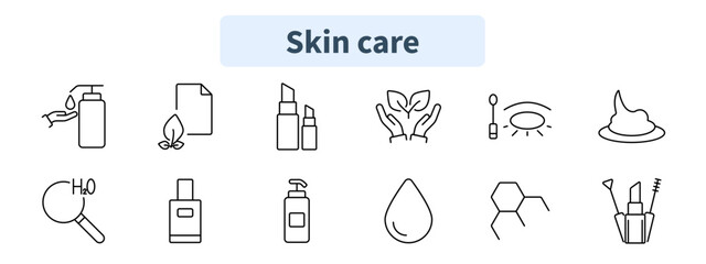 Naklejka premium Skin care set icon. Hand lotion, eco skincare, lip balm, natural beauty, makeup tools, organic care, hydration, cosmetic chemistry, beauty products.