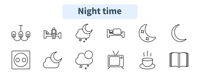 Night time set icon. Chandelier, bedtime, night sky, sleeping, crescent moon, power socket, moon cloud, cloudy night, TV, tea, book