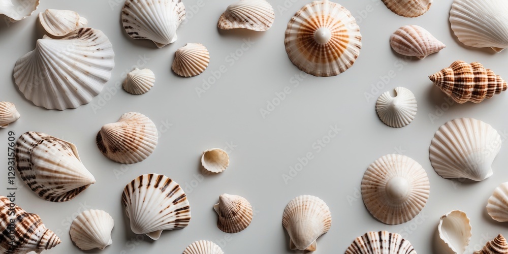 Poster seashells on light background minimalistic still life composition with copy space for creative text 