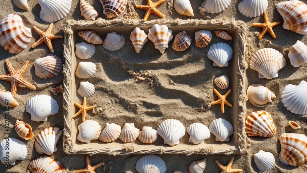 Poster seashell frame on sandy beach with starfish summer background creating a natural place for text or d