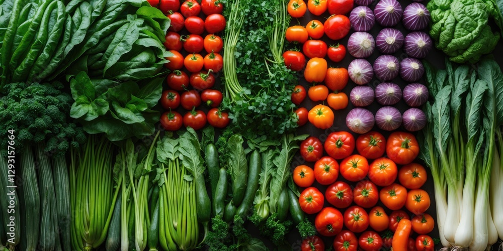 Poster top view of vibrant fresh vegetables arranged in rows with ample empty space for text or branding. i
