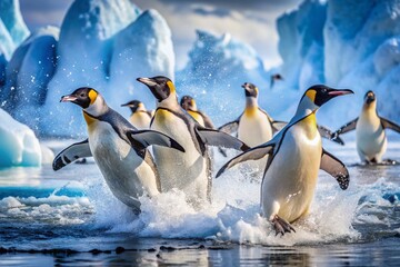 Fototapeta premium Majestic Emperor Penguins Frolicking in Antarctic Waters: A Stunning Wildlife Scene