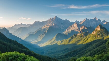 Obraz premium Majestic Mountain Landscape with Lush Green Foreground Under Clear Skies Showcasing Nature's Serenity and Beauty During Daylight
