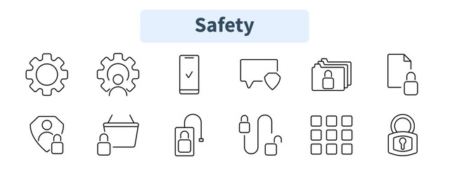 Safety set icon. Gear security, mobile authentication, encrypted messages, locked files, user protection, shopping security, padlock, access control, safe storage.