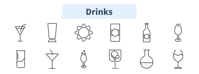 Drinks set icon. Martini, smoothie, fizzy drink, beer bottle, wine glass, soda, celebration drink, sparkling beverage, gourmet drink, mixology.