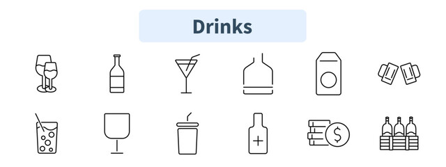 Drinks set icon. Wine glasses, liquor bottle, martini, whiskey, juice box, beer mugs, cocktail, coffee, soda, beverage pricing, alcohol storage.