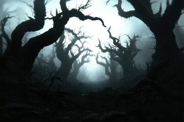 Eerie path through dark, misty, twisted trees in a haunted forest