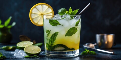 Fototapeta premium Refreshing Royal Mojito Cocktail with Mint and Citrus Garnish Perfect for Summer Nights on Dark Background with Copy Space