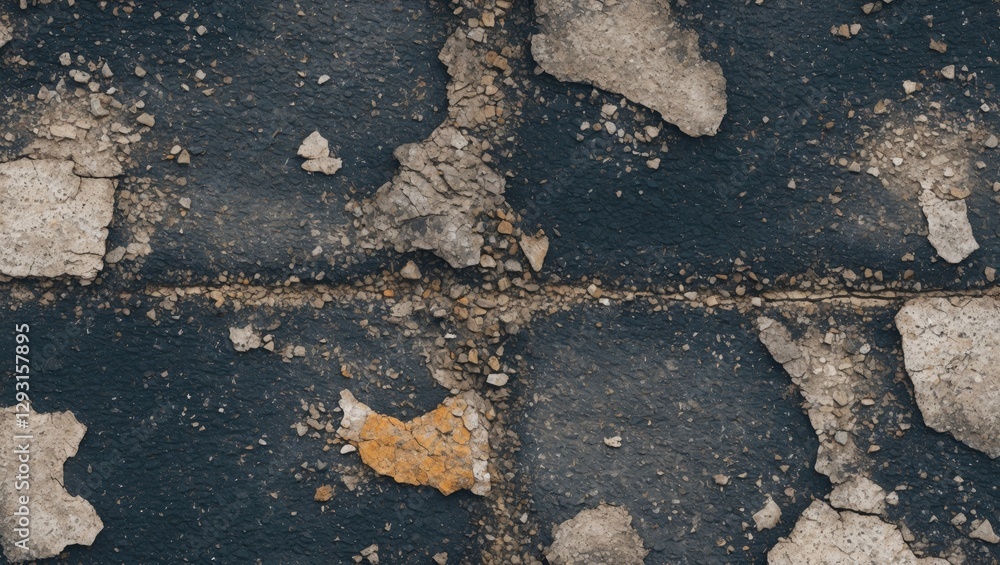 Poster seamless texture of weathered asphalt surface featuring patches and gravel for background or design 