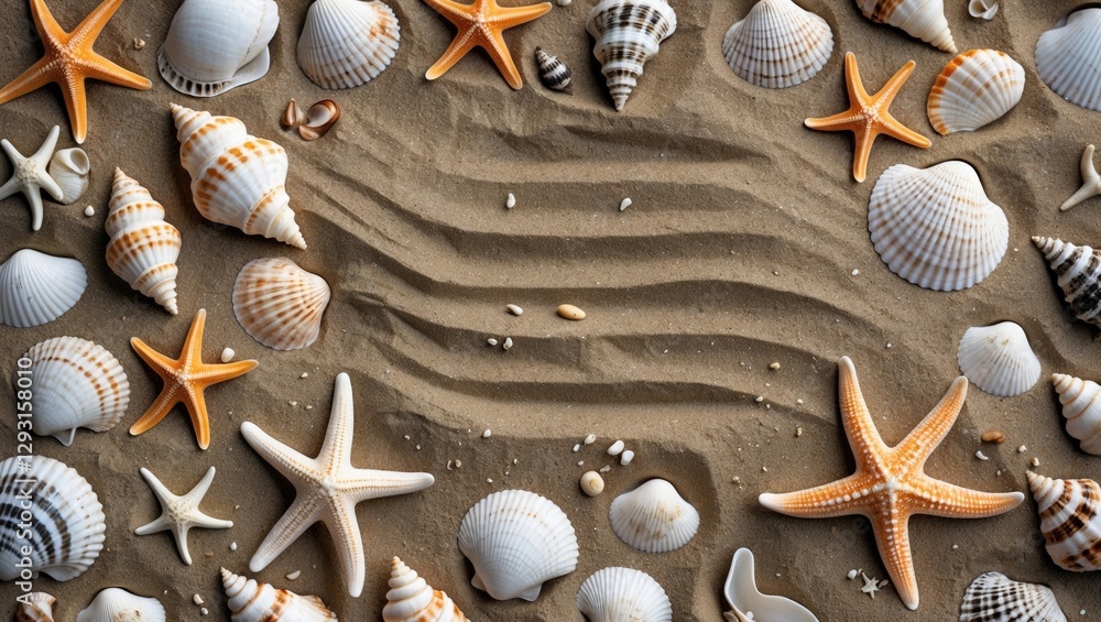 Poster seashells and starfish on sandy beach creating natural texture with space for text ideal for holiday